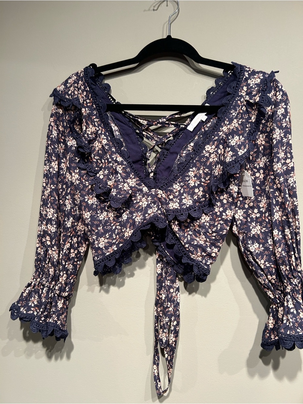 Olivaceous Navy Floral Lace-Trim Tie Front Blouse